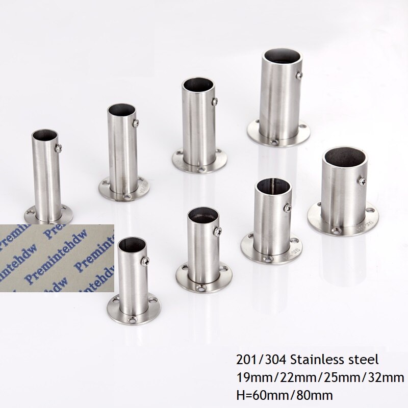 2 st/lot 201 304 rostfritt stål 60mm 80mm hög hög flänshållare fäste garderobsstång vägggolv 19mm 22mm 25mm 32mm rör