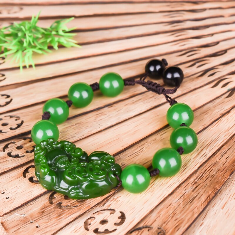 Carved Green Jade 12mm Bead Pixiu Elastic Bracelet Natural Chinese Jewellery Lucky Amulet Women man