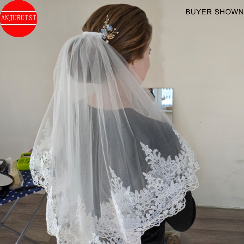 Voile De mariée court en Tulle blanc ivoire, deux couches, bord en dentelle, bon marché, accessoires De Mariage en vogue, en Stock