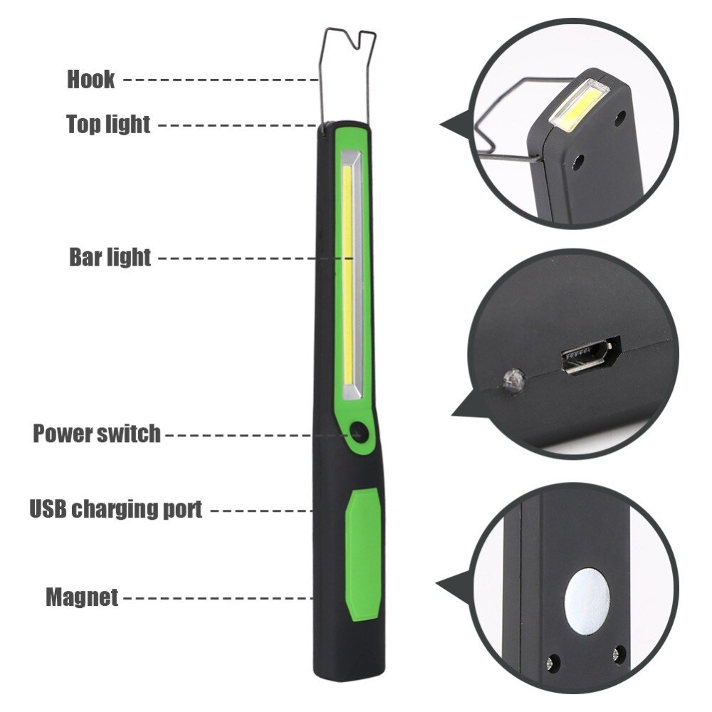 Luz LED de trabajo recargable por USB para coche, lámpara de emergencia de reparación magnética COB, linterna portátil para acampar, lámpara de gancho colgante