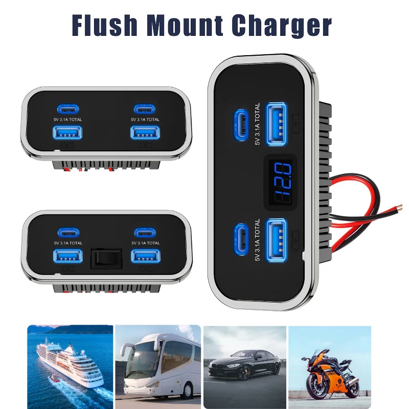 4 bærer, 12v usb-uttak til bobil  pd3.0 76w doble hurtigladere av type c og  qc3.0 panelmonterte veggladeradaptere til marin buss, atv og lastebil