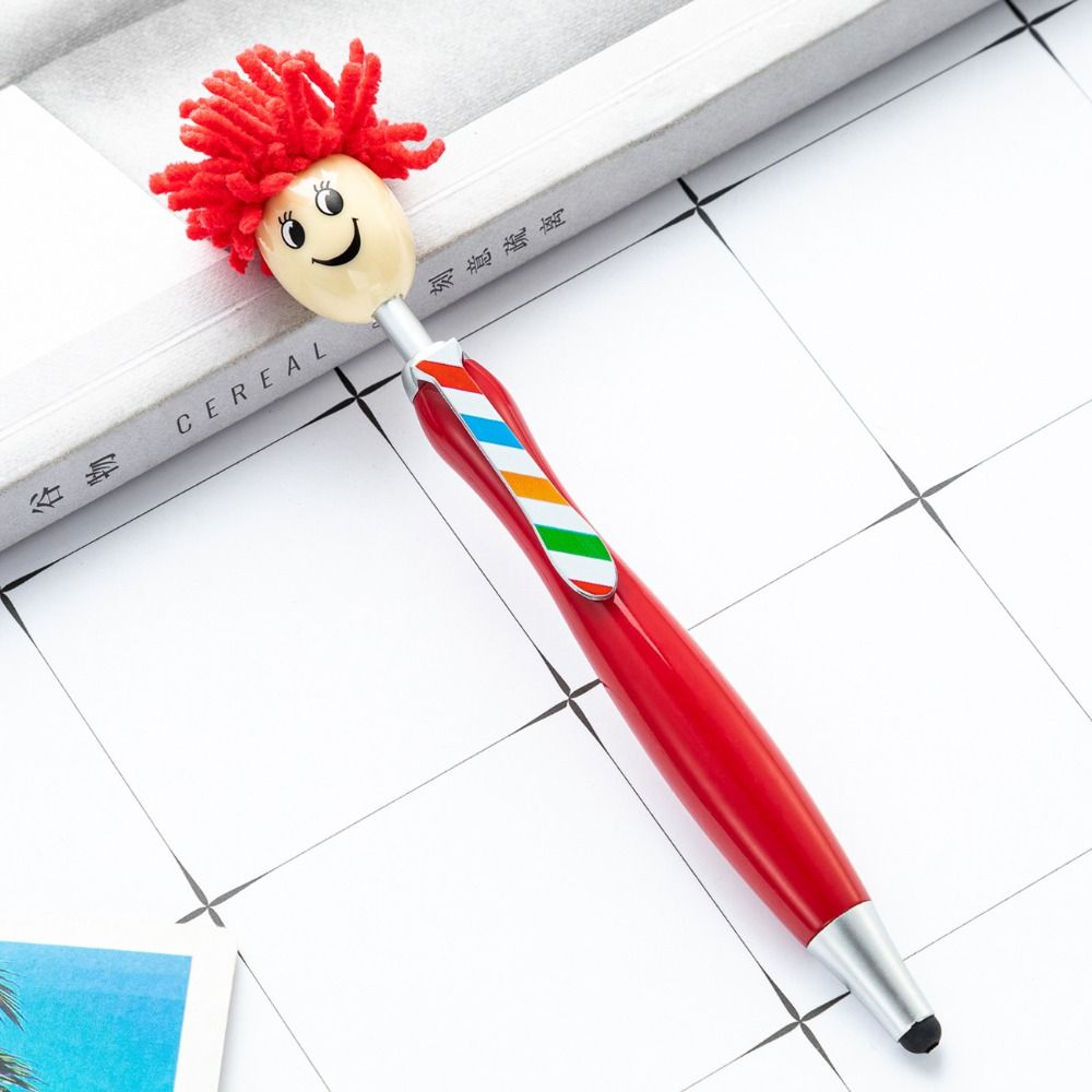 Estantes de cabeza de fregona de pelo de felpa, bolígrafos con pintura, expresión Facial, bolígrafos con forma de muñeca de dibujos animados, cara sonriente colorida: Rojo