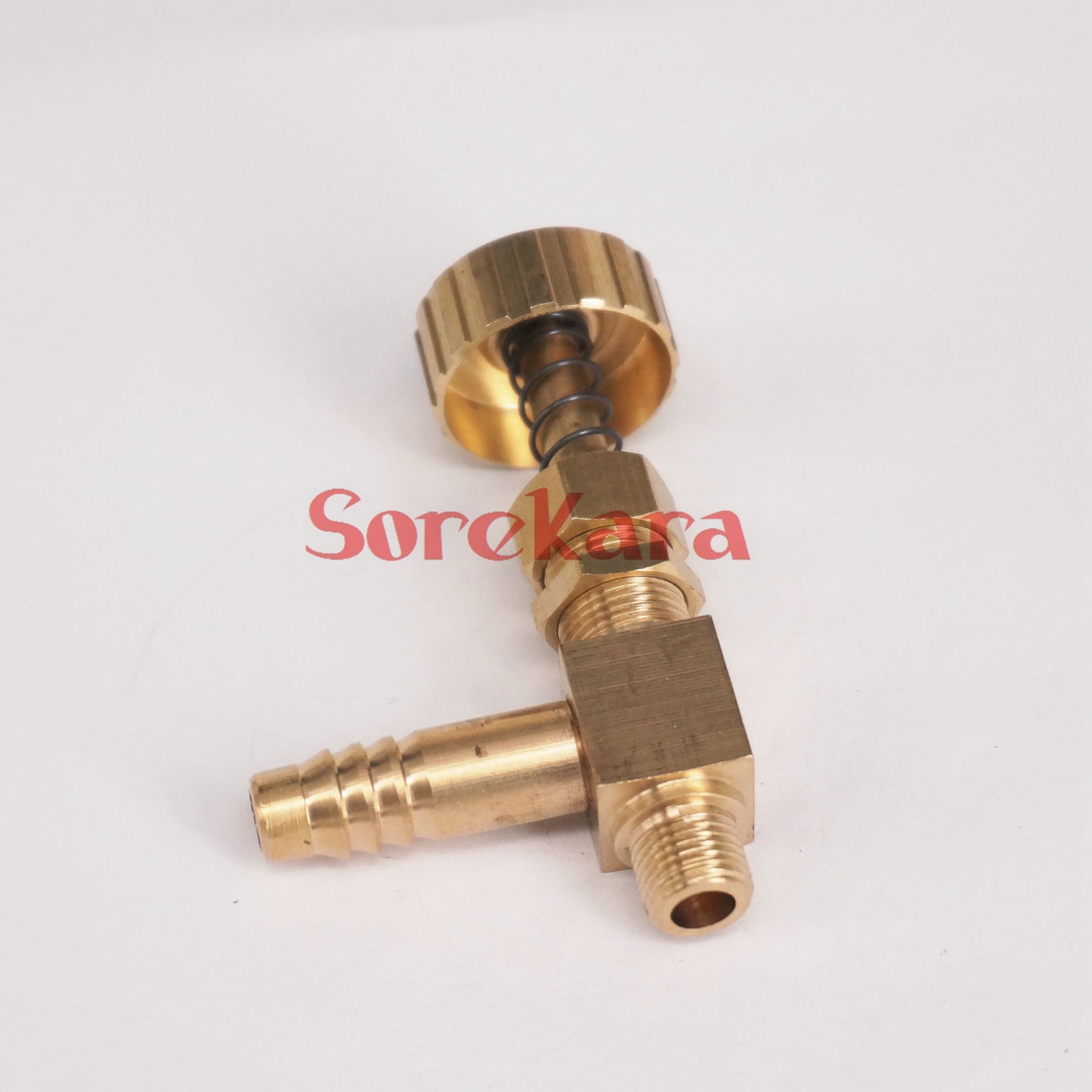 Albue messing nåleventil med fjeder  m10 x 1mm metrisk gevind  to 10mm i/d slange modhage max tryk 0.8 mpa for gas