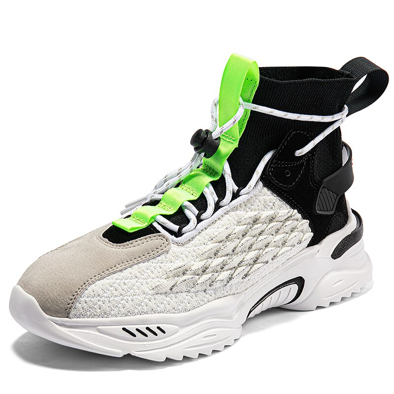 High Top Socks Shoes Running Shoes Luminous Fish Scale Thick Sole Slip On Men Sneakers Footwear Outdoor Jogging Shoes Hombre: White / 42