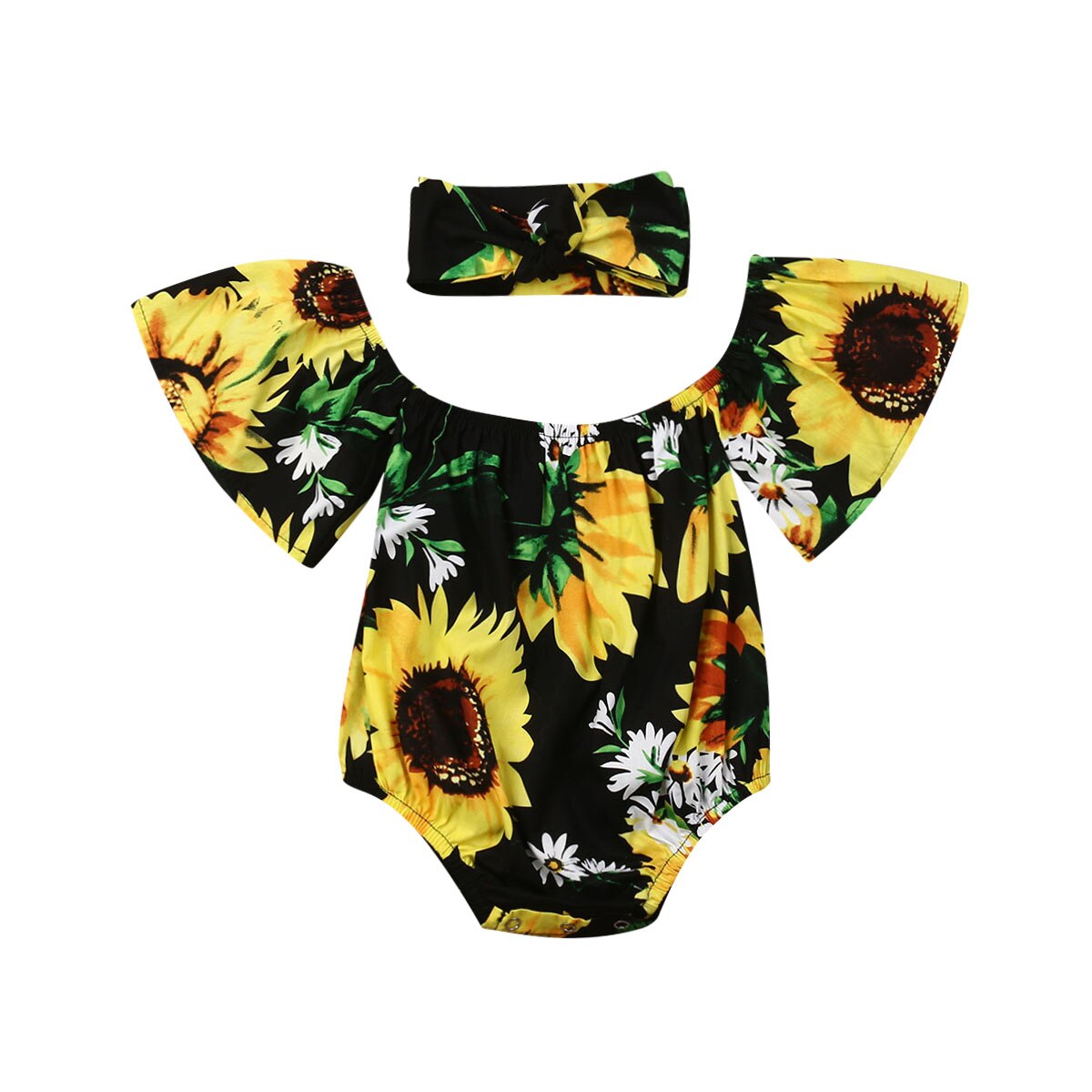 0-24 M Säuglings freundlicher Baby Mädchen Bodys Kurzarm Sonnenblume Drucken Overall Stirnband Outfits Kleidung setzt