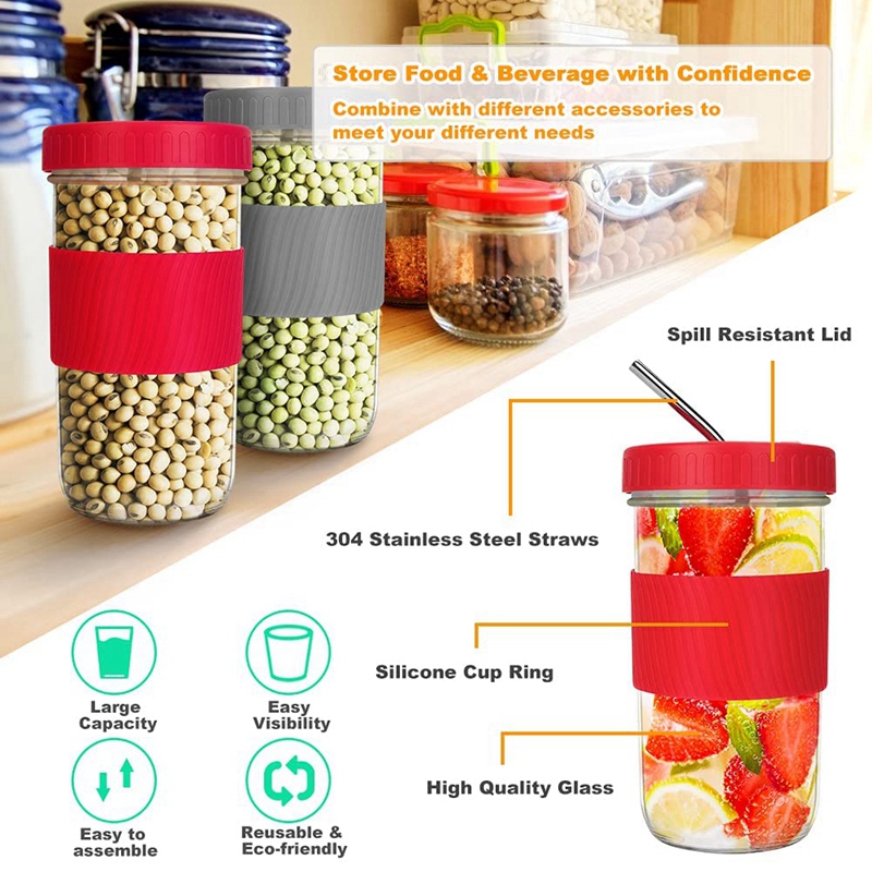 22Oz Reusable Boba Cup Mason Jar Cups with Lids and Straws Smoothie Cup Wide Mouth Bubble Tea Cup Travel Mug