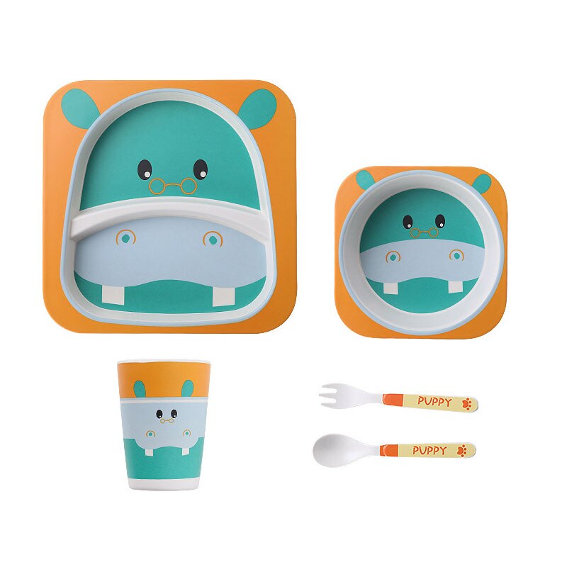 5pcs/set Animal Zoo Baby Plate Bow Cup Forks Dinnerware Feeding Set 100% Bamboo Fiber Baby Children Tableware Set: Little hippo