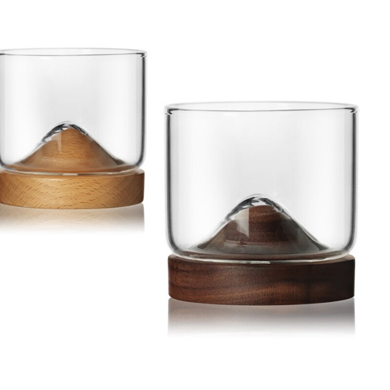 Home Kitchen Whiskey Glass Mountain Wooden Bottom Wine Transparent Glass Cup For Whiskey Wine Vodka For Bar Club