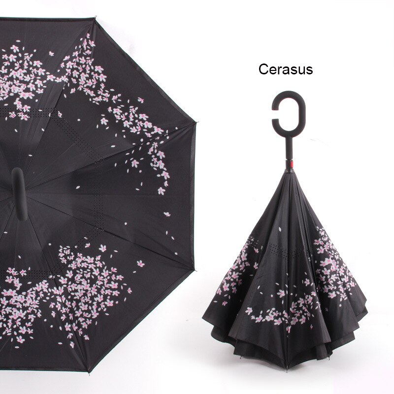 Paraguas plegable inverso resistente al viento, paraguas para hombre y mujer para lluvia y sol, paraguas con mango en C invertido, soporte autónomo para Anti UV de doble capa: cerasus