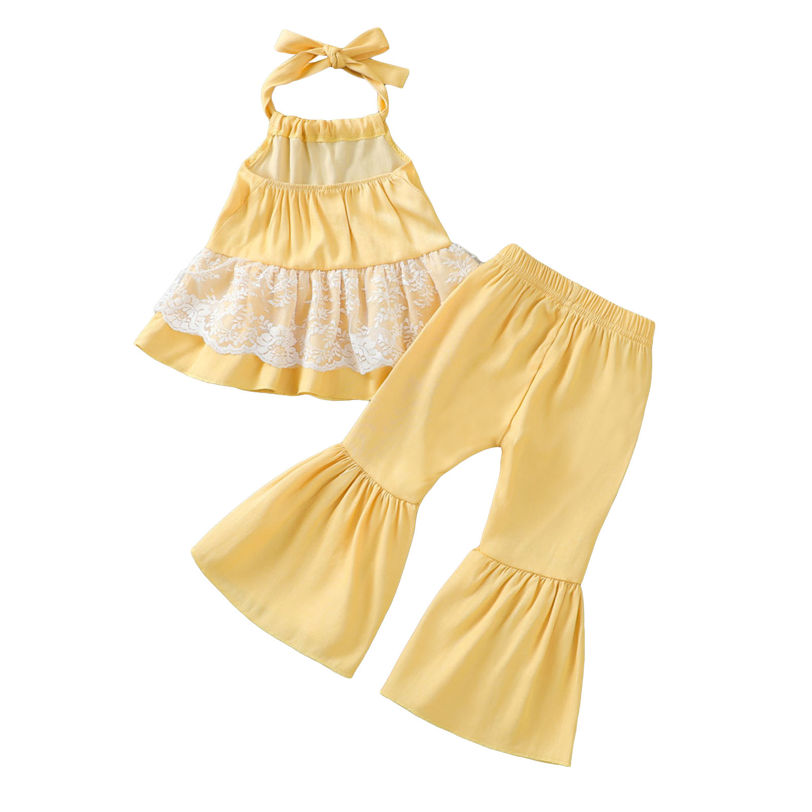 2 pezzi vestito da bambina dolce stile pizzo impunture senza maniche appeso collo top + pantaloni tinta unita a campana lunga Set 6M-3T: YELLOW / 3T
