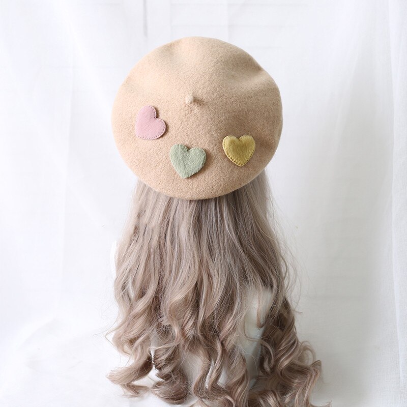 Boina bonita Kawaii Little love para niñas, gorros morados de Lolita dulce, boina de fieltro de lana hecha a mano para mujeres,: Marfíl
