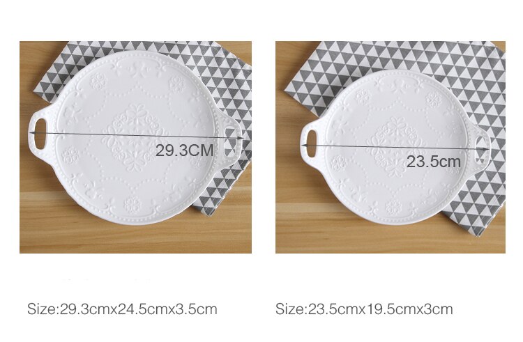 2pcs set, white embossed porcelain buffet dishes serving tray, food tray, ceramic toast cake plates, bbq dish with handle party: white 2pcs