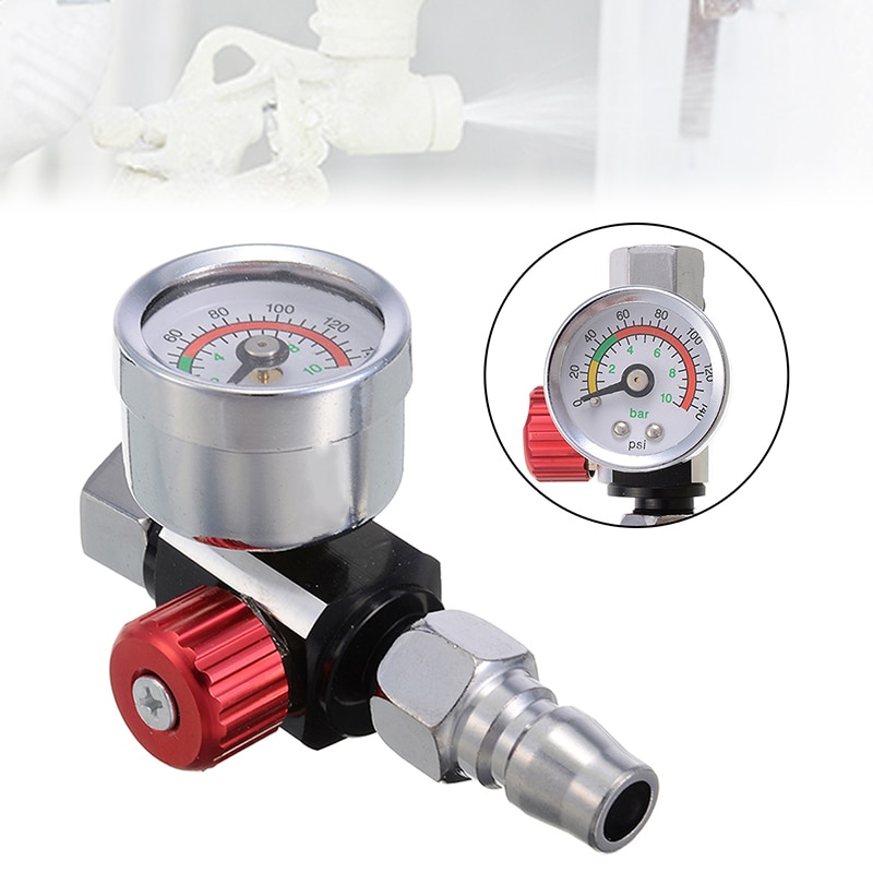 1/4" Mini Air Regulator Valve Tool Metal Air Regulator 1/4" BSP Threads Tail Pressure Gauge w/ Nozzle For Spray Tool Mayitr