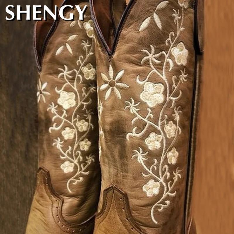 Nouvelle femmes bottes fleurs brodées Western bottes Cowgirl bottines femmes genou haute équitation Vintage bottes de plein air