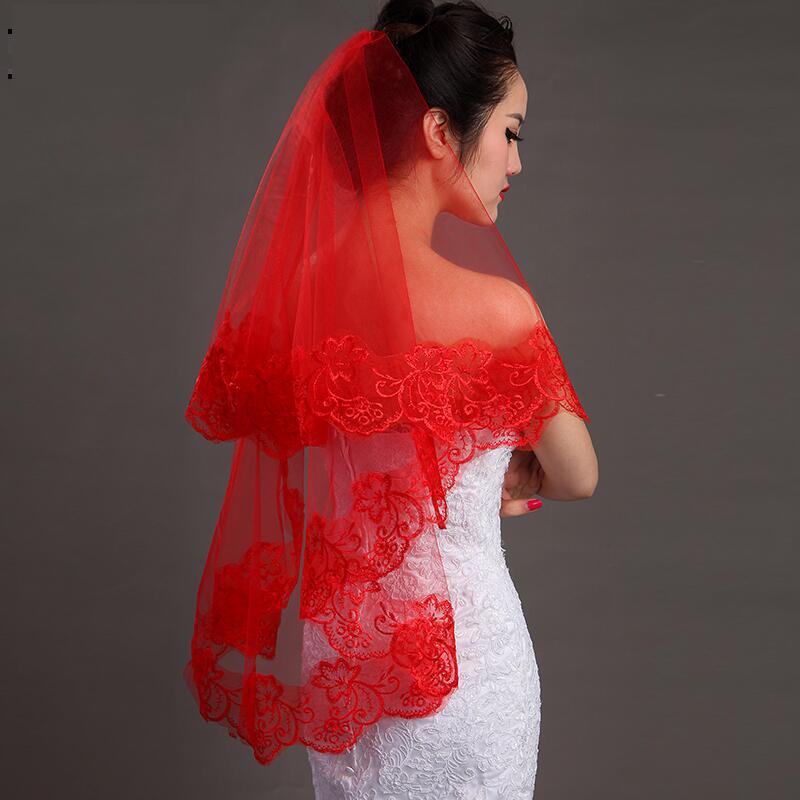 Bridal Wedding Veils 1.5m One-layer Red Lace Egde Formal Short Veil Veu De Noiva Marriage Accessory C