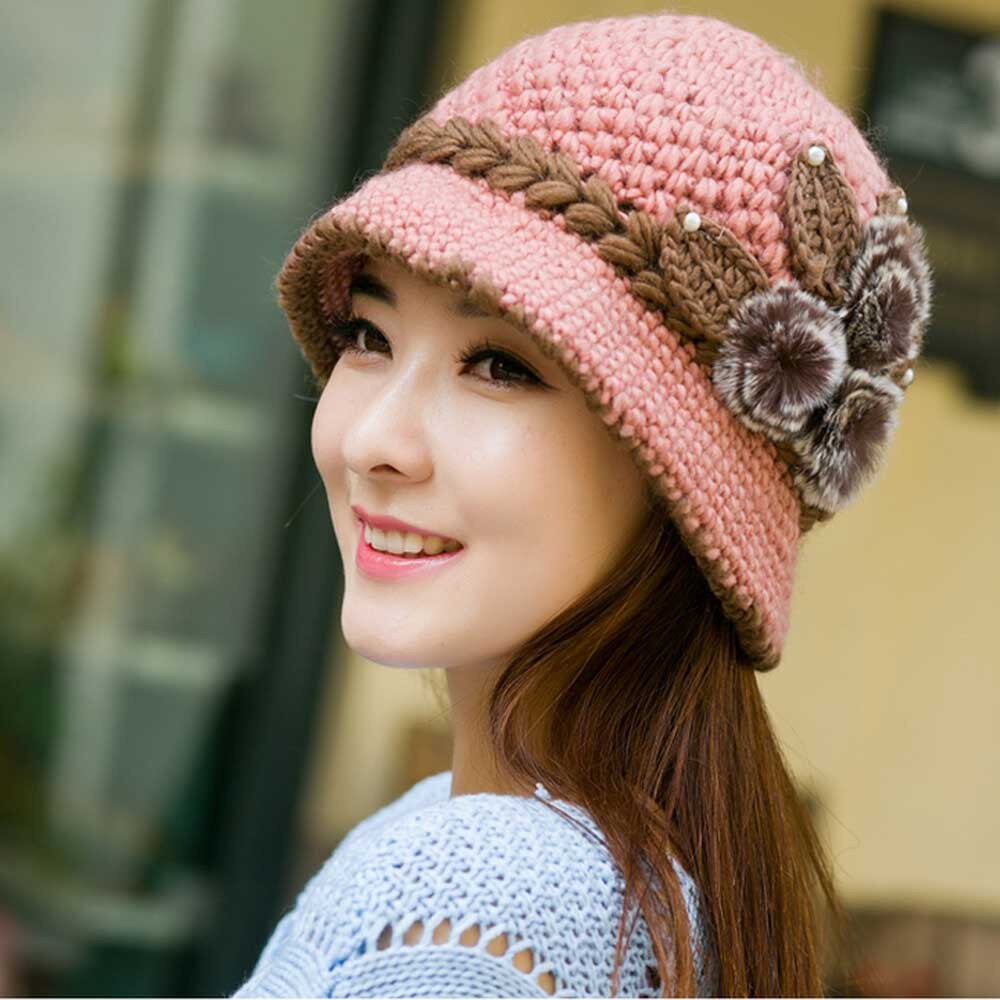 Women Lady Winter Warm Crochet hat Vintage british hats Knitted Flowers Decorated Ears Hat шапка зимняя женская