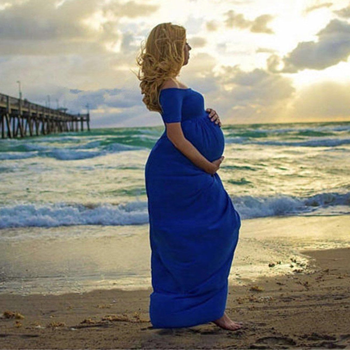 Kvinder gravid barsel kjole til fotografering fotoshoot sommer kortærmet mesh ren lang kjole graviditetstøj: Blå / L
