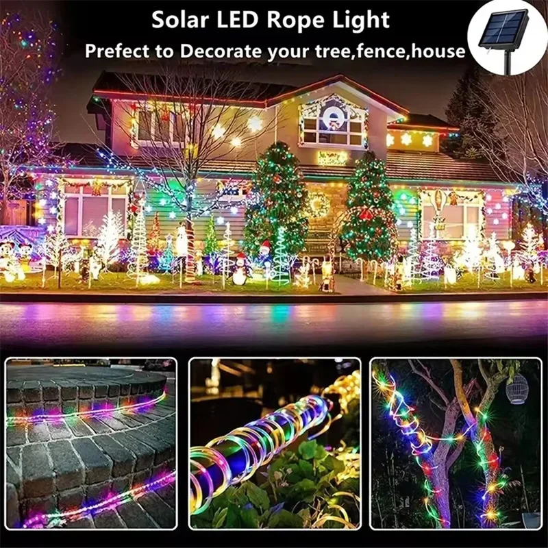 Guirnaldas de luces solares 50/100/200/300 luces LED de cadena guirnalda de cuerda de tubo para exteriores 8 modos techo jardín festivo decoración de en casa