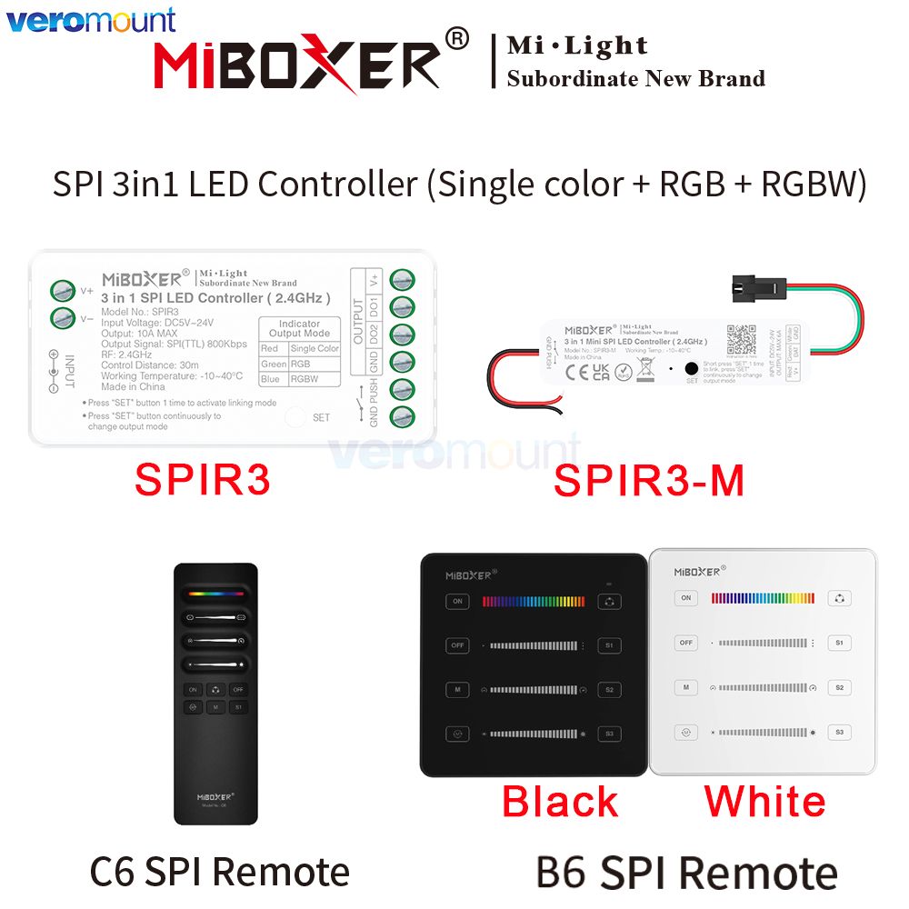 MiBoxer SPI LED Regler SPIR3 SPIR3-M 3in1 Einfarbig + RGB + RGBW für Pixel Streifen WS2812 TM1812 mit RF B6 C6 Tafel Fernbedienung