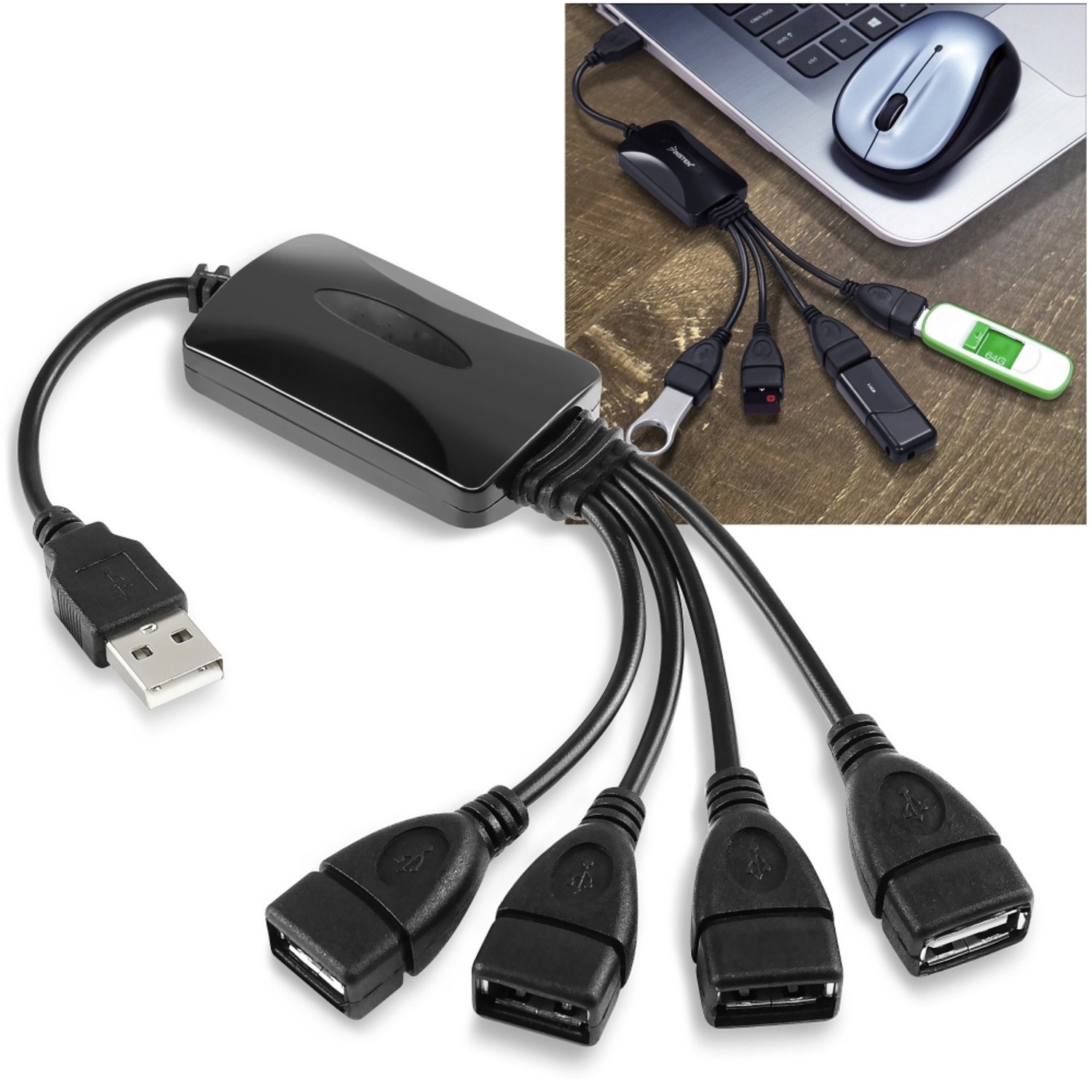 Premium Black High Speed 4 Port USB 2.0 Octopus Hub Splitter for PC Laptop