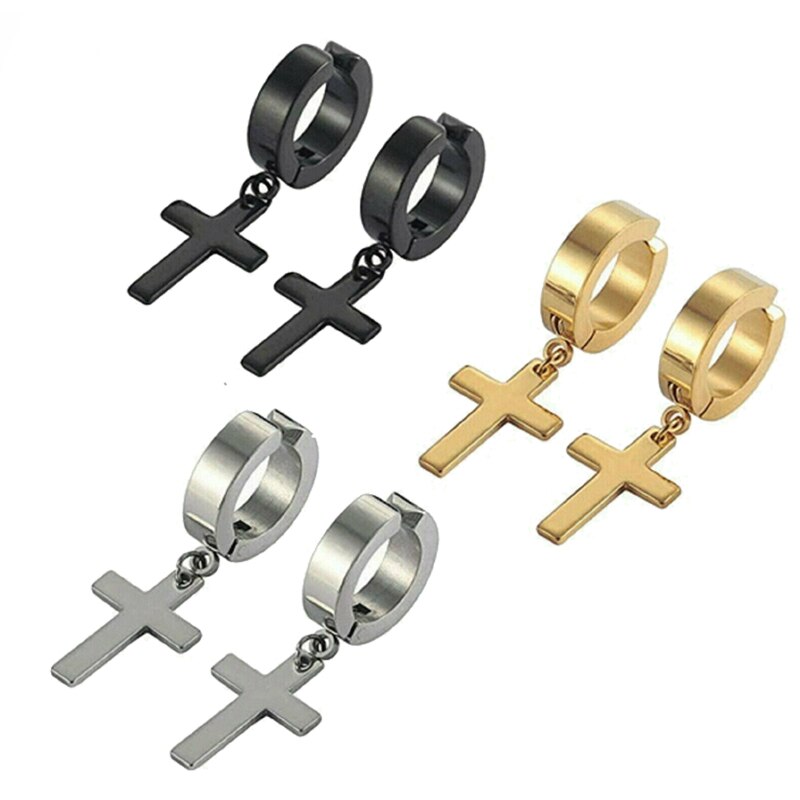 1 Pair Women Men&#39;s Stainless Steel Earrings Black/Silver Color Cross Gothic Punk Rock Style Pendientes Dropping Mujer Moda