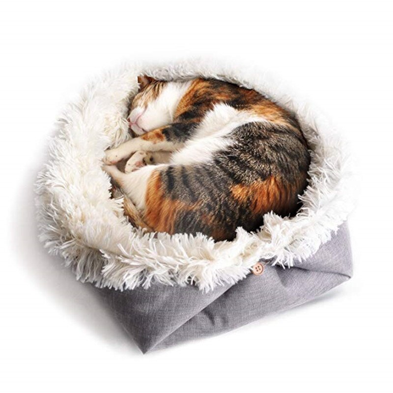 Cama de Gato de doble uso, nido de gato para invierno y verano, lado peludo para invierno, voltear hacia un lado no peludo para verano