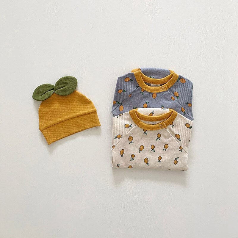 Babykleding herfst lange mouwen babyjongens driehoek romper babymeisje ananas muts bedrukte romper 2 stuks 3-24 maanden