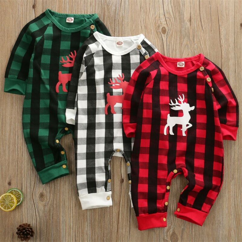 Herfst Herfst Kerst Baby Baby Jongen Meisje Plaid Check Romper Tops Broek Kinderen Outfit Xmas Kleding