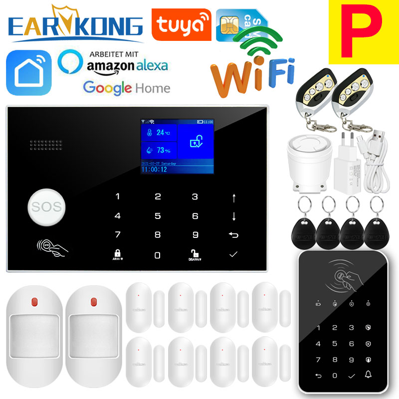 Wifi GSM Alarmsysteem 433 MHz Thuis Inbreker Beveiligingsalarm Draadloze bedrade detector RFID Touch-toetsenbord Temperatuur Vochtigheid Alexa