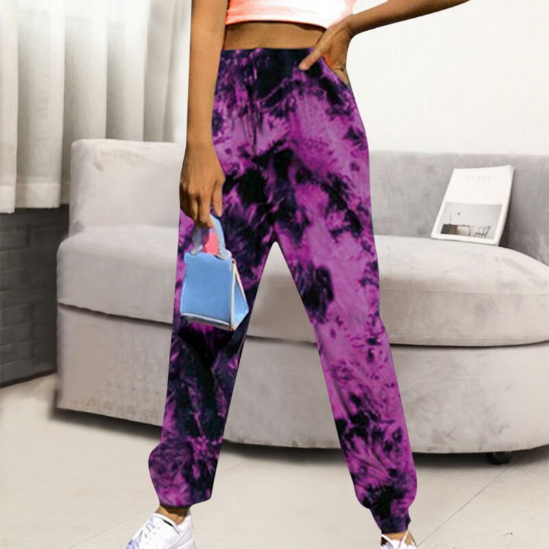 Women High-Waist Joggers Trousers Tie Dye Printed Sweatpants Casual Loose Sports Wear Female Drawstring Side Pockets Leggings: purple red / XXL