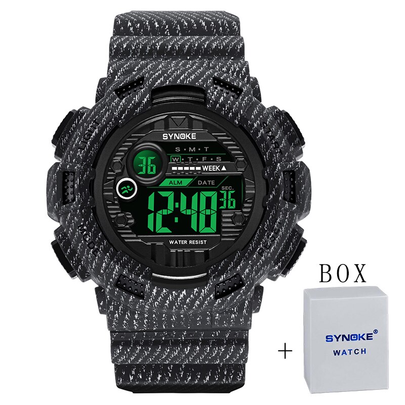 SYNOKE-reloj deportivo para hombre, cronógrafo Digital, resistente al agua, con pantalla Led: Denim Black And Box