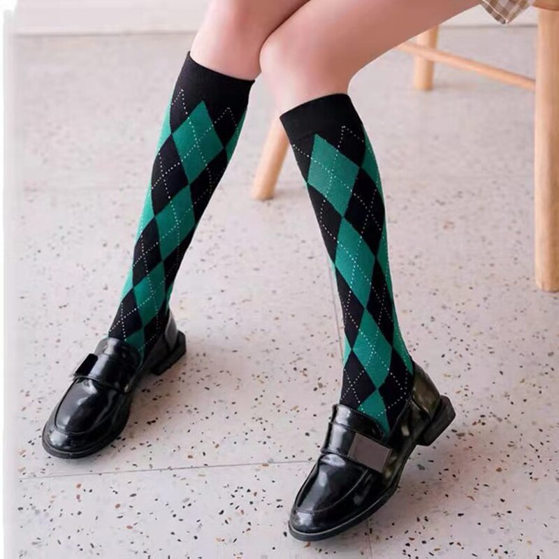 Diamond plaid pattern Green Knee socks women ins Party knee-high stockings Over Knee long ladies girls: Diamond C3