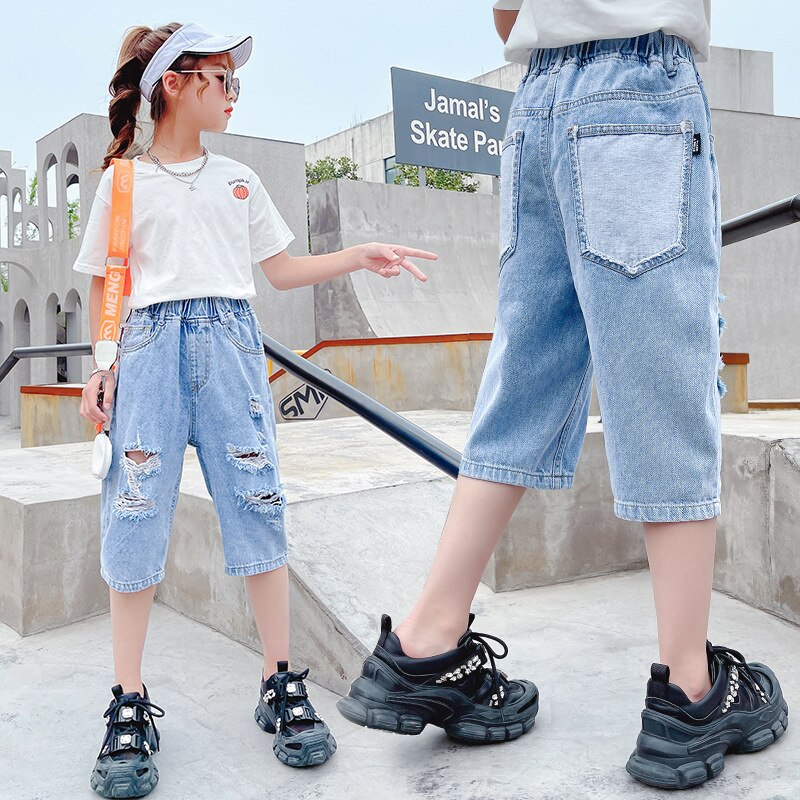 jugendlich Mädchen Kurze Jeans Elastische Taille Sommer Neue Ankünfte Koreanische Beliebte Dünne Denim See Zerrissene Hosen Für freundlicher 3-12 jahre: 12T
