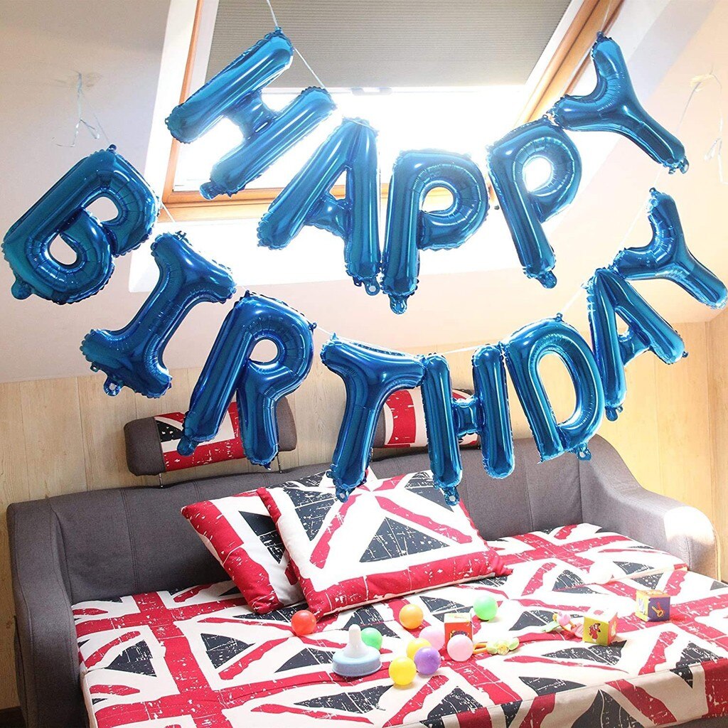 Self Inflating Balloon Happy Birthday Party Balloon Set Banner Bunting Foil 16 Inch Blue Letters Party Decorations Kid Balloons