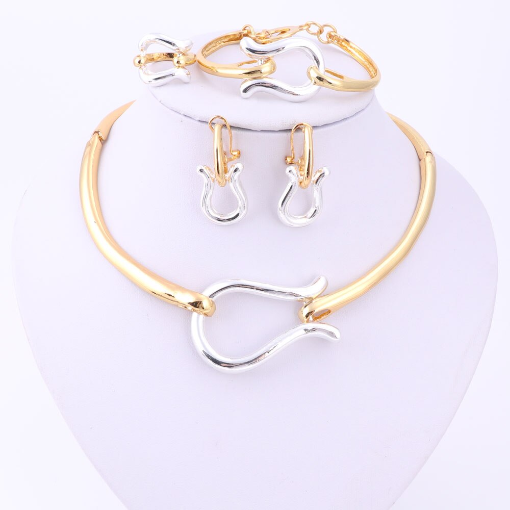 Conjuntos de joyería de para mujer, gargantilla de Color dorado, collar, pendientes, pulseras, anillo, conjunto de boda, accesorios de