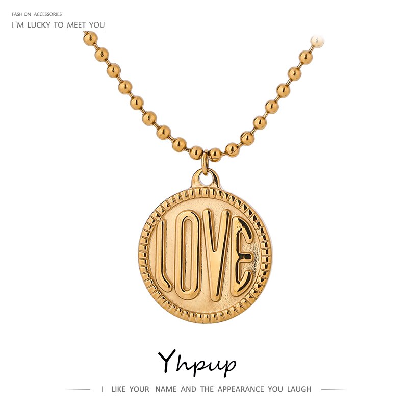 Yhpup Romantic Round LOVE Pendant Stainless Steel Necklace Charm Metal Gold Stylish Choker Necklace for Women Bijoux Femme