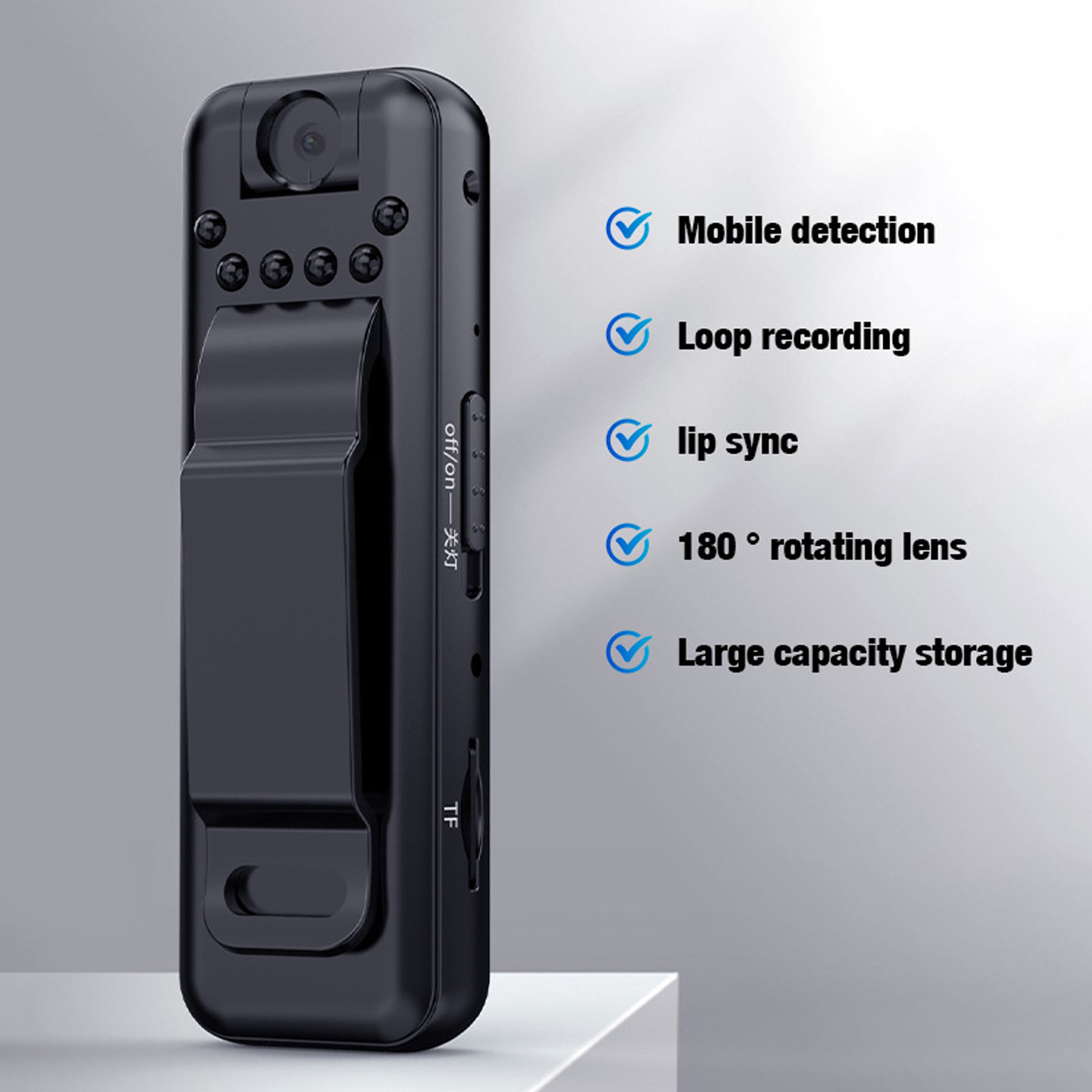 Videoregistratore con Clip posteriore Power Off Storage HD videoregistratore portatile con obiettivo rotante a 180 gradi per affari per sport all'aria aperta