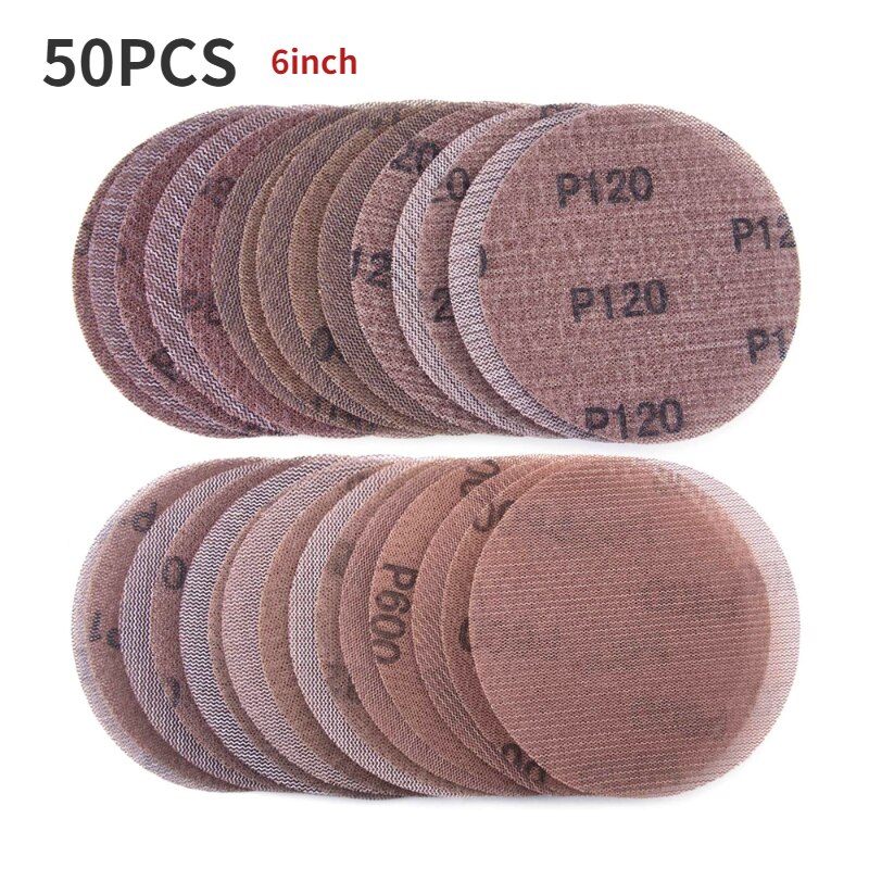 50PCS 6inch 150MM Mesh Sanding Discs Hook &amp; Loop Abrasive Dust Free Disc Anti-Blocking Sharp Grinding Sandpaper for Car Wood