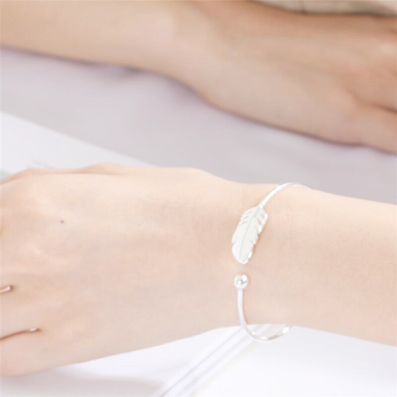 Sweet Feather Leaf 925 Sterling Silver Temperament Personality Female Trendy Resizable Opening Bangles SBR004