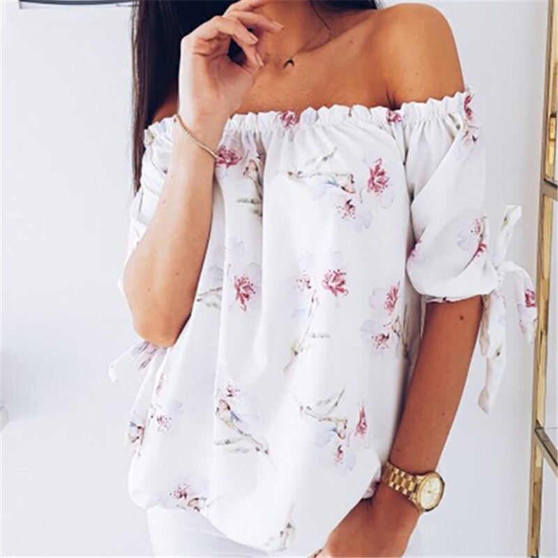 Mujeres hombro blusa, polera Floral de verano Casual Tops señora Loose camisa de manga corta de ropa de cuello ojal