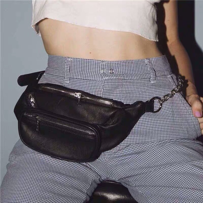 Riñoneras de cuero con cadena para niñas, bolsos de cintura de viaje con bolsillos, de de , color blanco y negro