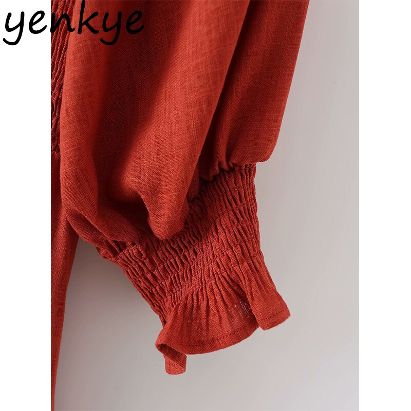 YENKYE Spring Women Solid Cotton Dress Female Square Neck Half Sleeve Casual Dress Short Vestido