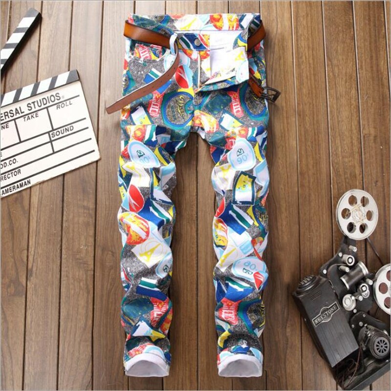 Nagri Mannen Gekleurde Patroon 3D Gedrukt Jeans Mode Slanke Skinny Geometrische Geschilderd Denim Broek 29 30 31 32 33 34 36 38