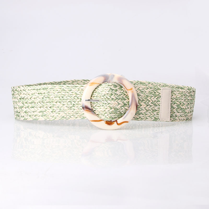 Summer Women Braided Elastic Belt Round Resin Buckle Vintage Bohe Straw Buckle Belt Dress Shirt Dress Belt Female Knitted Belt: Light Green