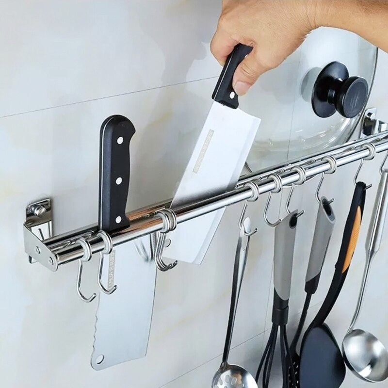 Wall Mounted Utensil Rack Stainless Steel Hanging Kitchen Rail with 6/8/10 Removable Hooks Hanger Organizer