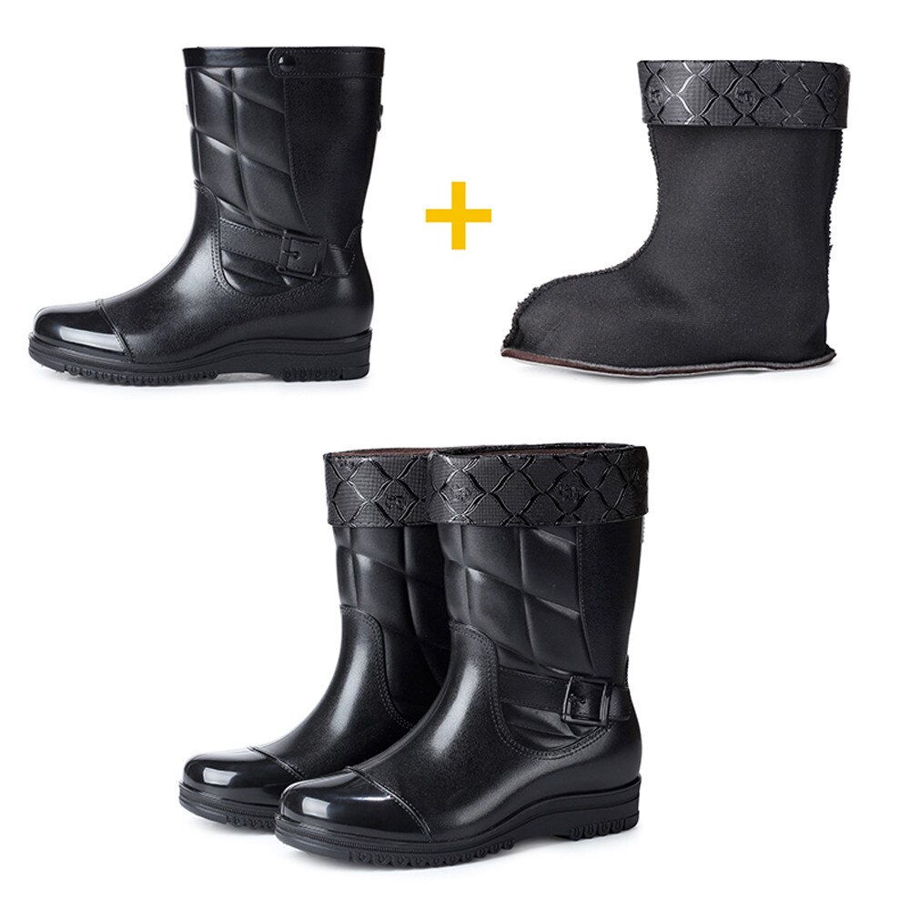 YOUYEDIAN negro fleece sólido ocio hombres de tacón bajo mantener zapatos de punta redonda impermeable medio tubo bota de lluvia # g35