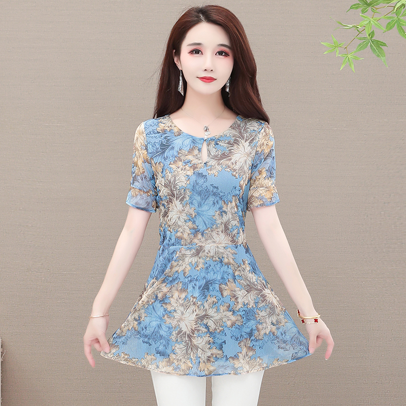 Sommertøj 5xl 4xl 3xl toppe bluser til kvinder grøn sommer blomsterprint tunika lang skjorte afslappet mave peplum bluser: Xxl / Elfenben