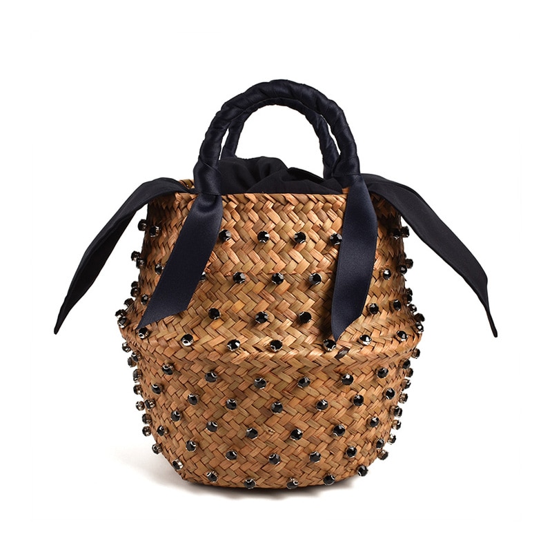 Woman Vacation Bag Embellished Straw Bag Ladies Woven Seaweed Bucket Diamond Bag Pearl Handbags