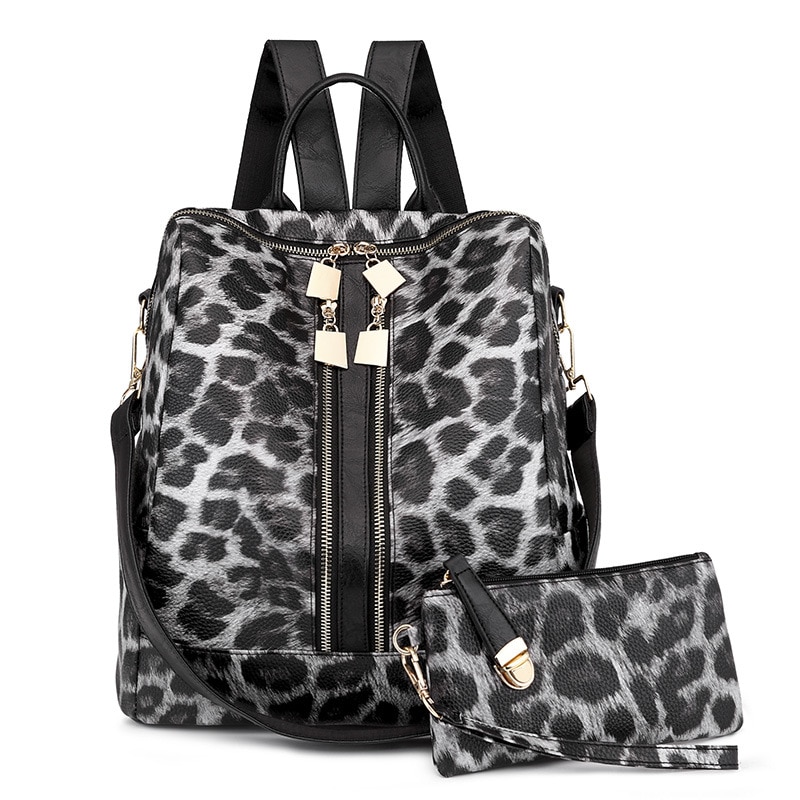 DIDA BEAR-Mochila de cuero para mujer, morral escolar grande, de viaje, Color caramelo con monedero: Leopard Gray