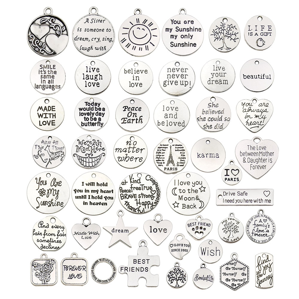 40pcs Inspiration Word Charms Pendants Engraved Motivational Charms Pendants for DIY Necklaces Bracelets Bangles Jewelry Making